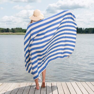 Linen Blue White Striped Beach Towel, large size