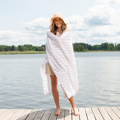 beach towel with multi-color stripes, lightweight