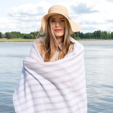 beach towel with multi-color stripes, specially washed fabric