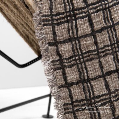 Linen blanket with fringes, sand colour side with dark grey grids