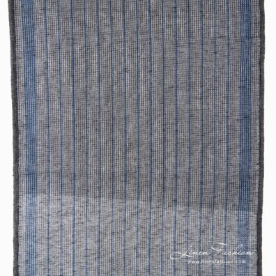 Narrow black linen fabric with blue stripes.