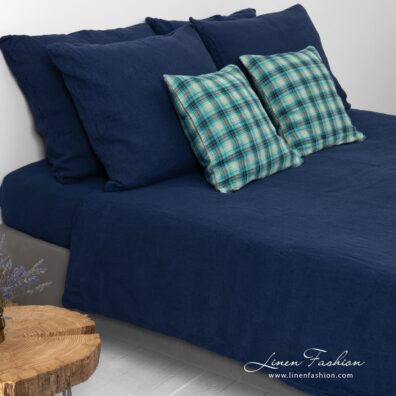 Blue bed linen.