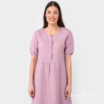 ZOE flamingo linen dress with short sleeves