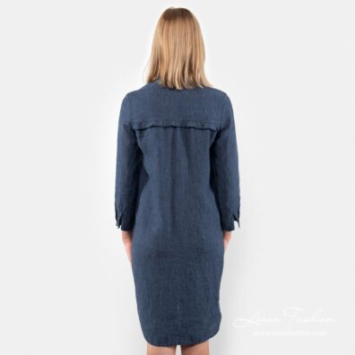 Navy blue linen dress from the back