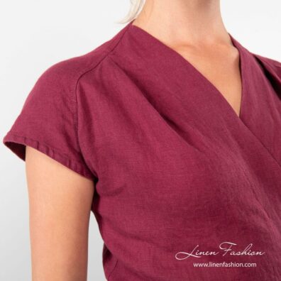 Cherry linen dress with pleats on shoulders