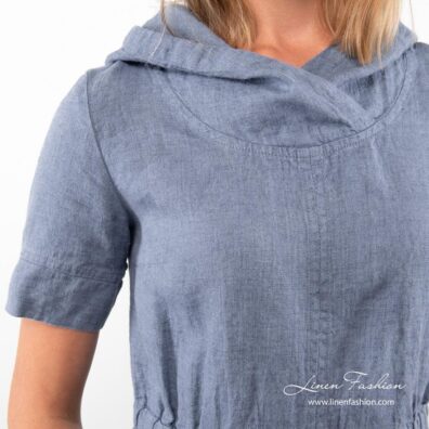 Blue linen dress with hoode and short sleeves