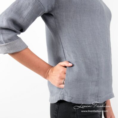 MANGO blue linen blouse pockets