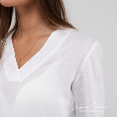 MALIBU white linen blouse wide V-neck