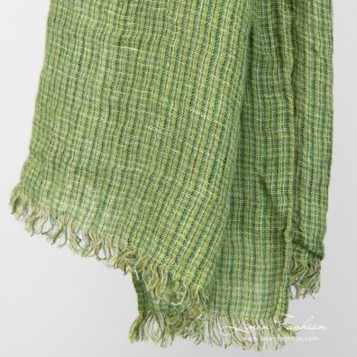 Green linen checked scarf fringes