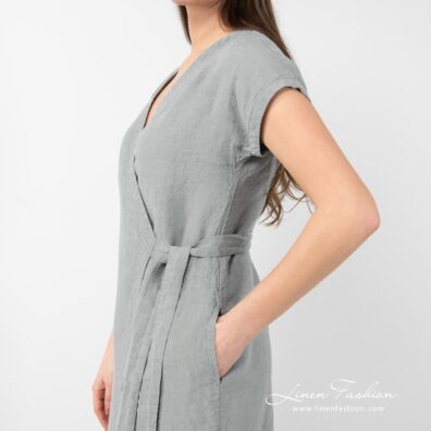 CATALINA wrap type light grey linen dress with belt