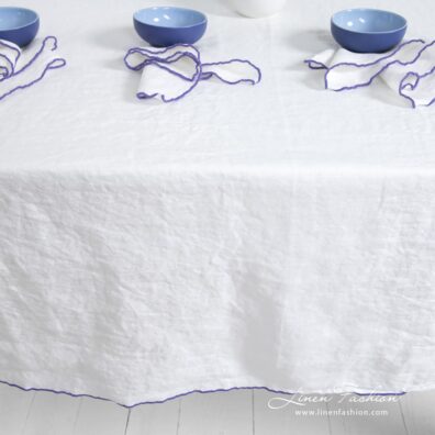 ARVO white linen tablecloth with decorative Babylock stitch around