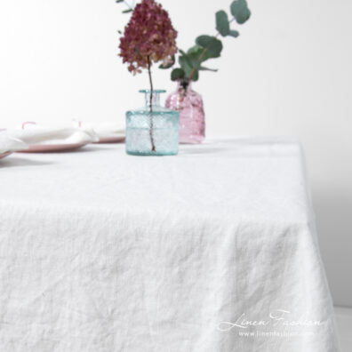 ARVO white linen tablecloth with rosy border, specially washed
