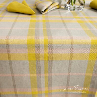 Yellow-grey-greenish checked linen cotton tablecloth