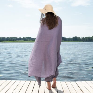 Linen cotton beach towel in violet color with stripes