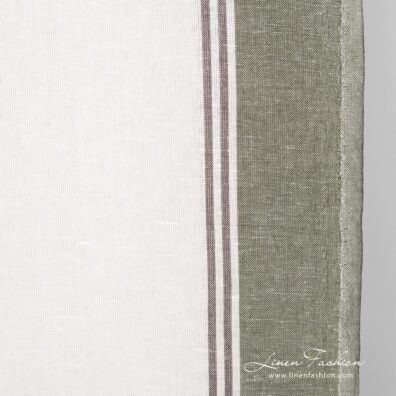 Linen cotton fabric with green and brown stripes, perfect for kitchen towels
