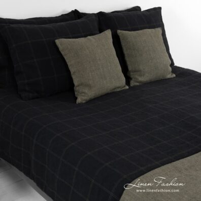Black linen cotton bed linen with green checks