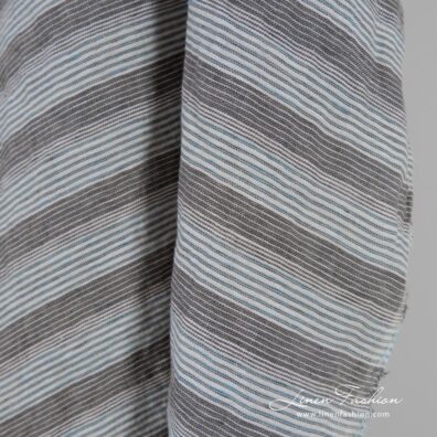 Brown blue linen fabric in stripes, specially washed to increase softness