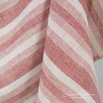 Patterned 100% linen fabric in red and white stripes