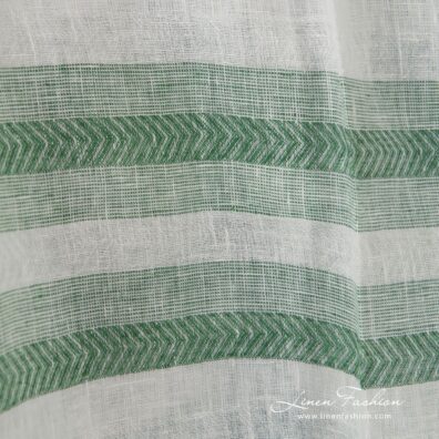100% linen fabric in green and white herringbone stripes