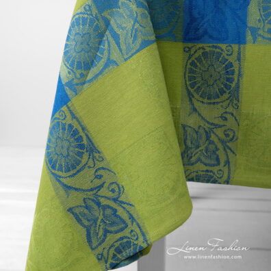 Linen cotton Jacquard tablecloth green blue corner, simple hem.