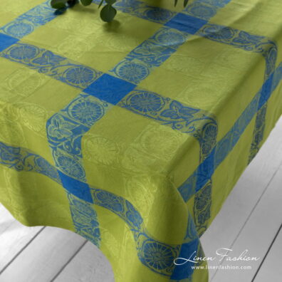 Linen cotton Jacquard tablecloth green blue with flower motifs.