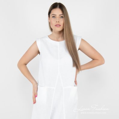 white long linen dress, sleevless.