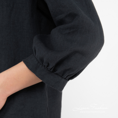 navy linen blouse, cuff pleated.