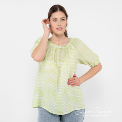 linen checked blouse, rounded neck.