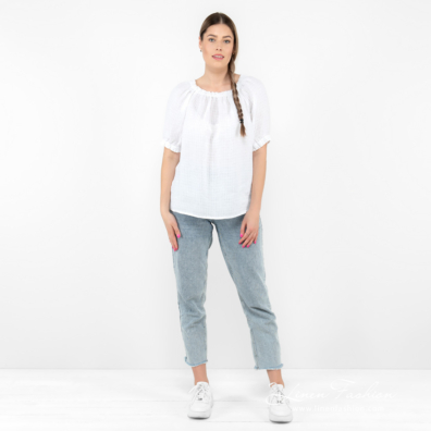 white linen blouse short sleeves in full view.
