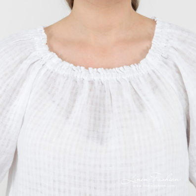 white linen blouse short sleeves, rounded elastic neck.