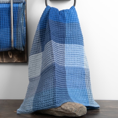 linen bath towel checked blue, waffle.