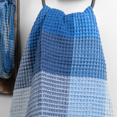 linen bath towel checked blue, washed.