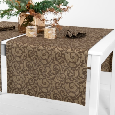 linen cotton brown jacquard runner, 4cm. borders.