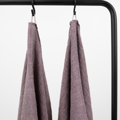 linen violet bath towel with hanger.