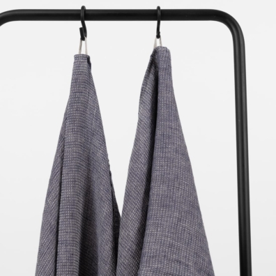 linen blue bath towels with hanger.