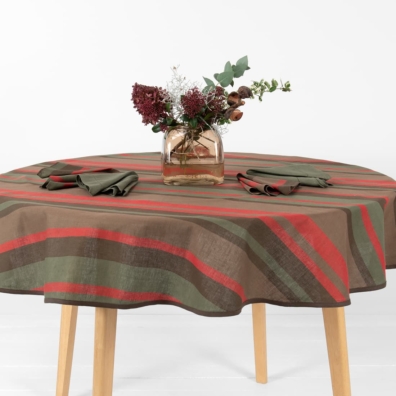 linen cotton round tablecloth red brown stripes with piping.