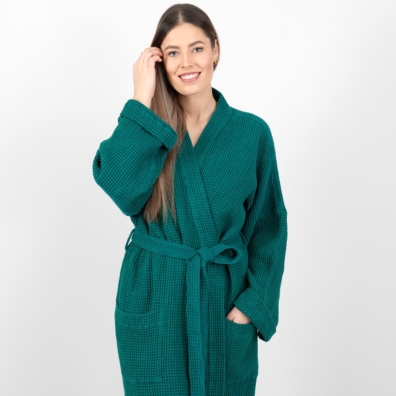 linen cotton emerald bathrobe, 2 pockets.