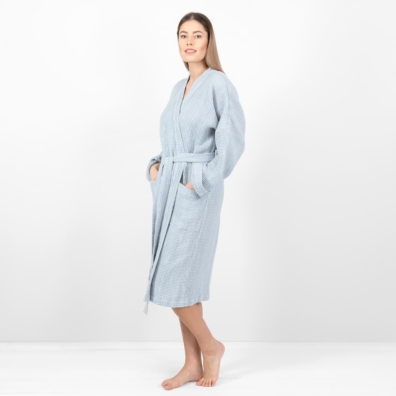 linen cotton blue grey bathrobe, washed.