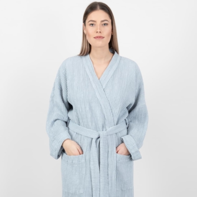 linen cotton blue grey bathrobe with pockets.