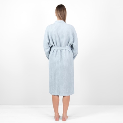 linen cotton blue grey bathrobe from backside.