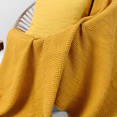 Yellow linen cotton blanket, waffle structure