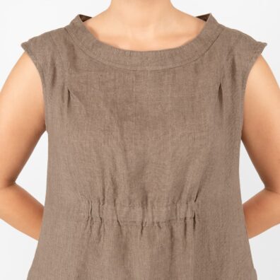 linen brown dress, elastic on front