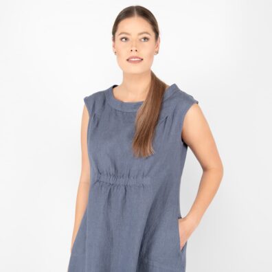 jeans blue linen dress elqastic on front waist