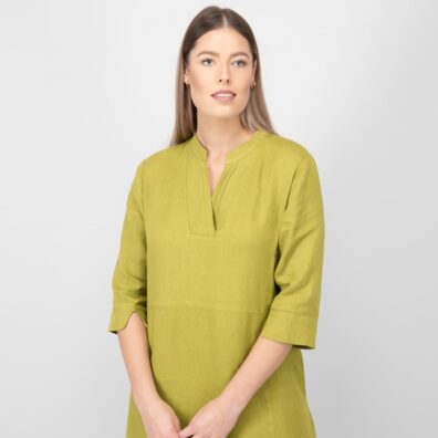 apple green linen dress V neck