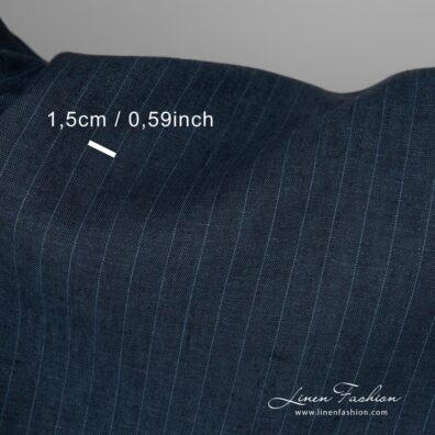 Dark blue striped linen fabric close up detail view