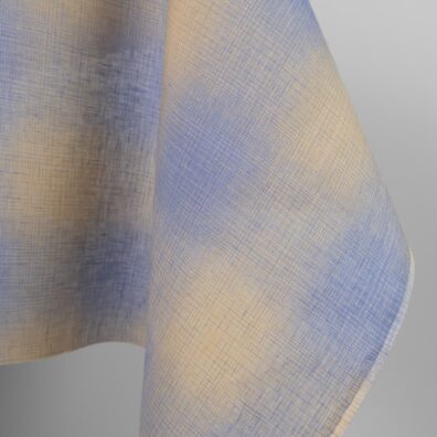 Linen fabric sand and blue checks colour mix gradient close up edge