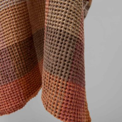 Washed linen cotton fabric brown colour checks waffle edge view