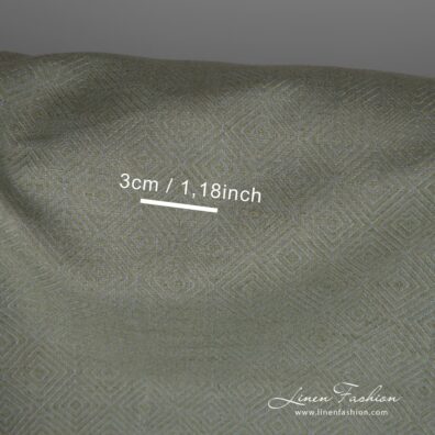 Linen cotton fabric in greyish green diamond pattern with measurements