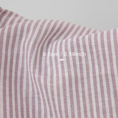 Wide linen cotton fabric in white and lilac stripes with measurements