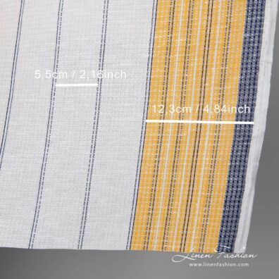 Linen cotton fabric white waffle with yellow blue stripes with measurements